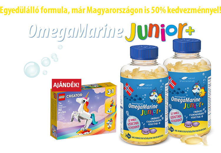 Natural Pharmaceuticals OmegaMarine két nagy csomag OmegaMarine Junior és egy egyszarvúval díszített Lego építőjáték ajándékba.