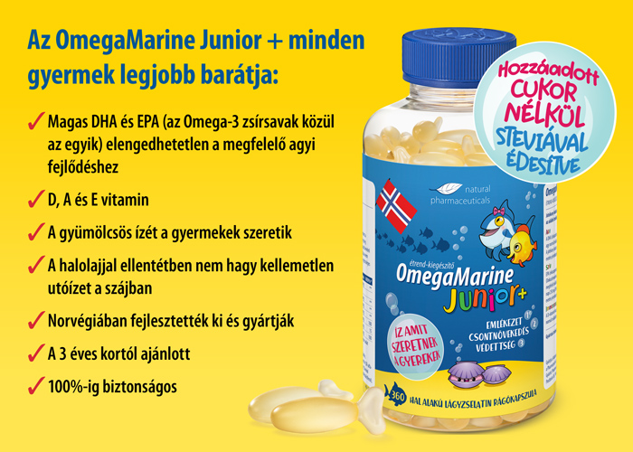 Natural Pharmaceuticals OmegaMarine Junior OmegaMarine Junior+ kiegészítő csomagolása sárga háttérrel, a termék előnyeinek felsorolásával, többek között magas DHA- és EPA-tartalommal, D-, A- és E-vitaminnal, gyümölcsös ízzel, halíz nélkül, norvég gyártással, 3 éves kortól alkalmas, cukor hozzáadása nélkül – stevia édesítéssel.